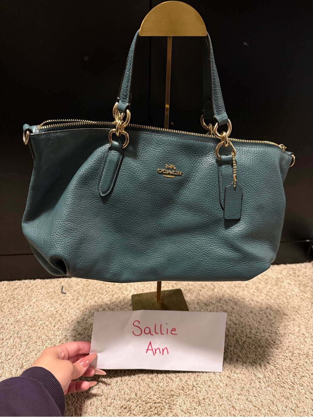 Coach Teal Pebbled Leather Shoulder Tote with Gold Hardware